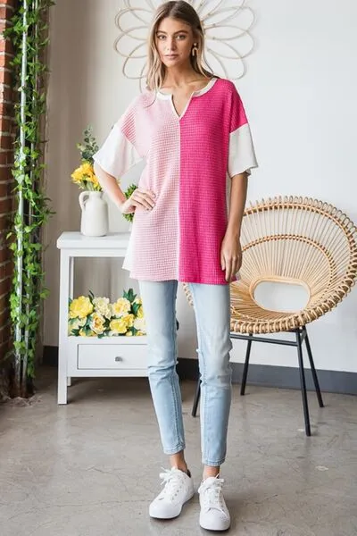 Contrast Waffle-Knit Half Sleeve Blouse