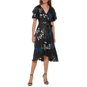 DKNY - Floral Satin Faux Wrap Midi Dress