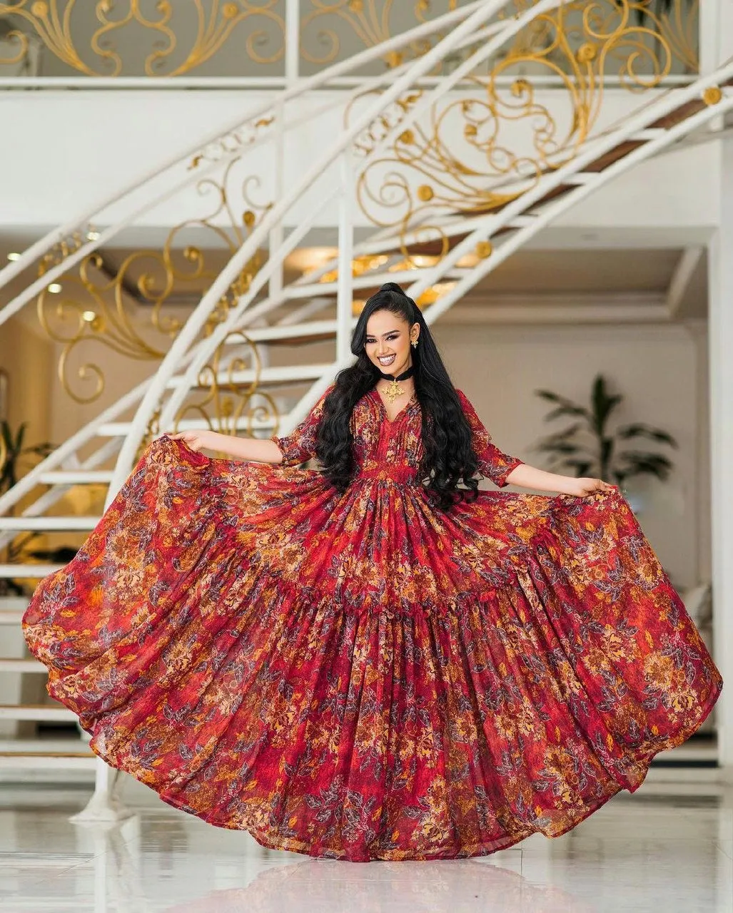 Elegant Red Habesha Chiffon Gorgeous Shiffon with Exquisite Detail Ethiopian Dress