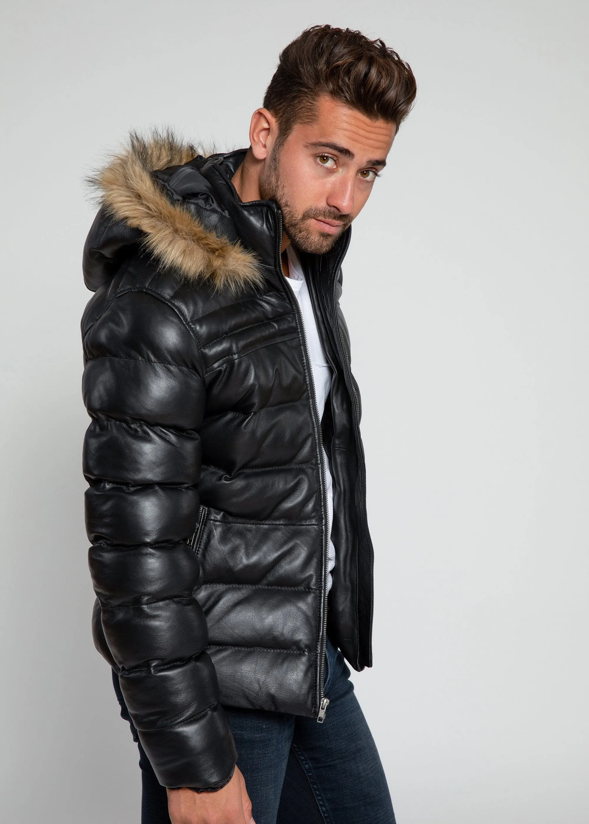 Fadcloset Men's Crimson Black Puffer Winter Down Leather Jacket with Fur