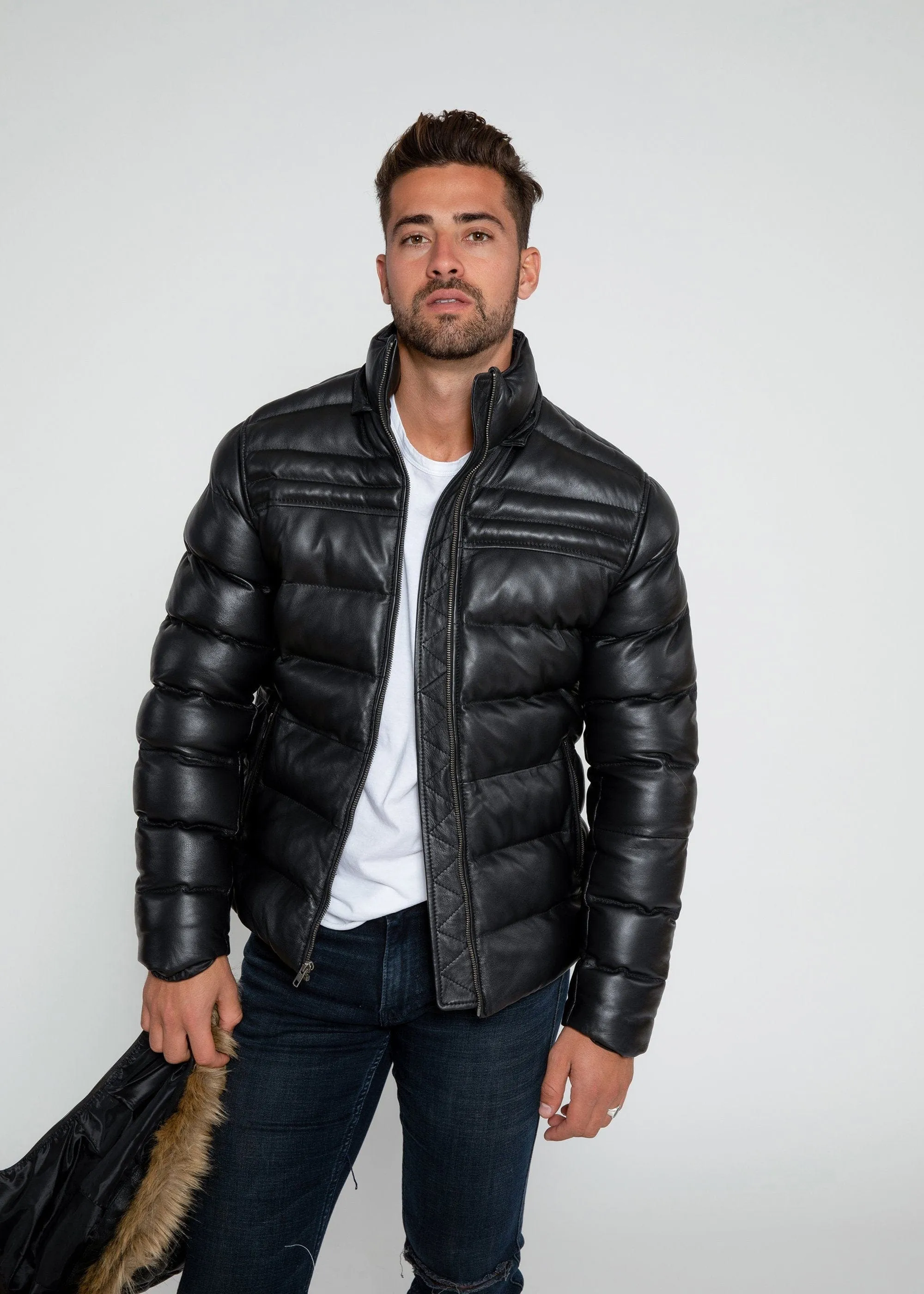 Fadcloset Men's Crimson Black Puffer Winter Down Leather Jacket with Fur