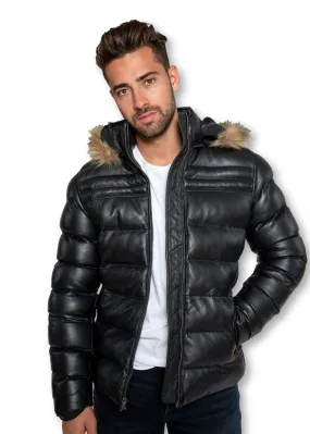 Fadcloset Men's Crimson Black Puffer Winter Down Leather Jacket with Fur