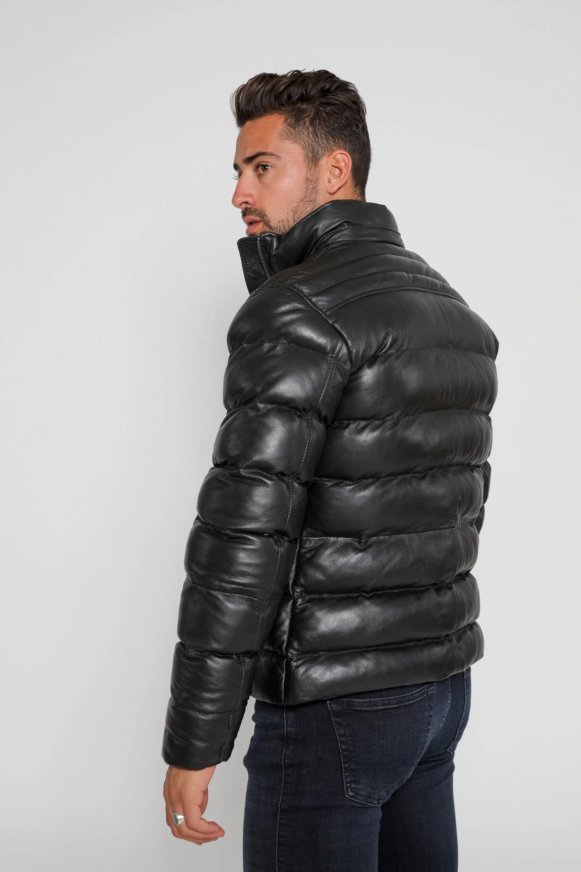 Fadcloset Men's Crimson Black Puffer Winter Down Leather Jacket with Fur