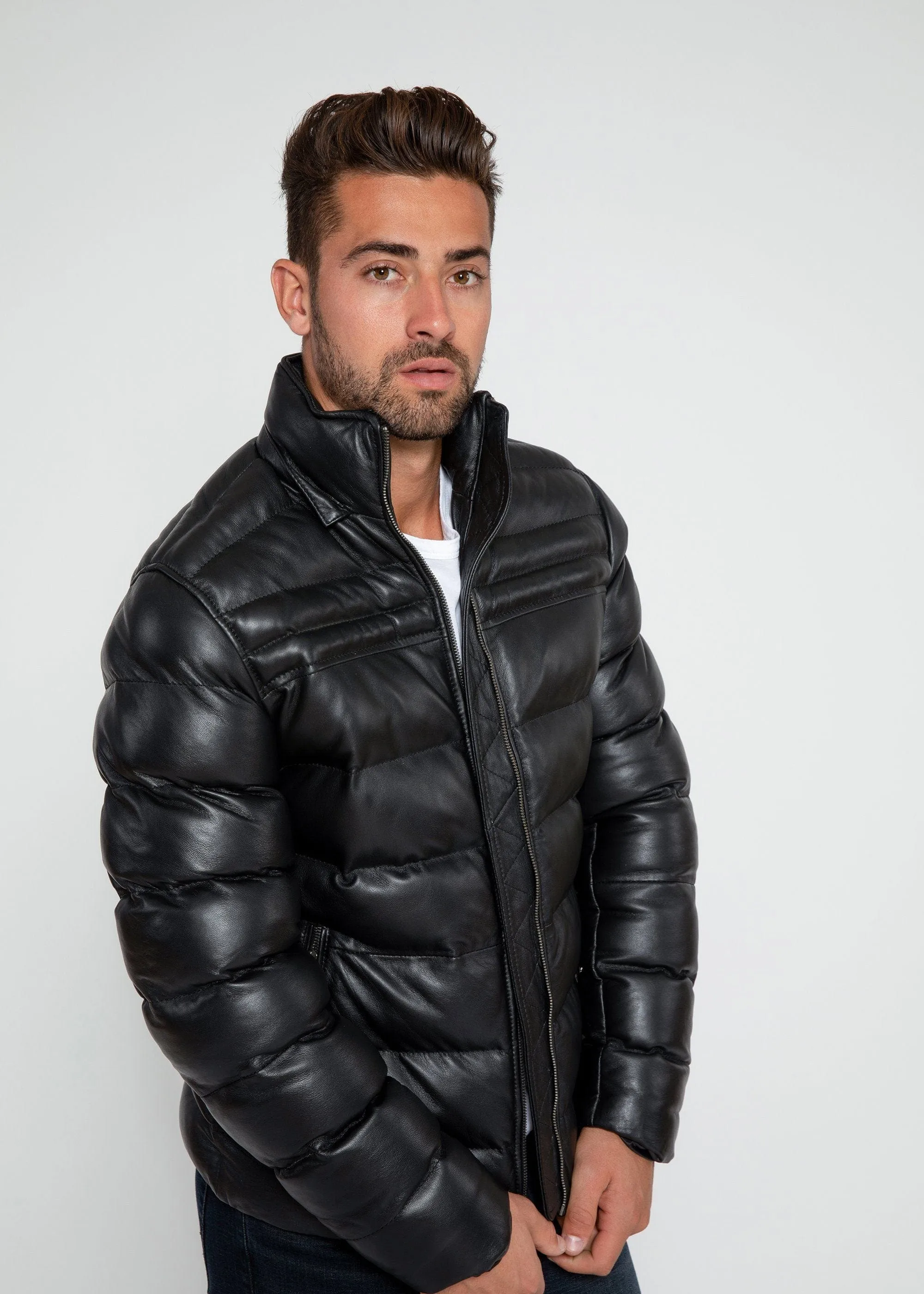 Fadcloset Men's Crimson Black Puffer Winter Down Leather Jacket with Fur