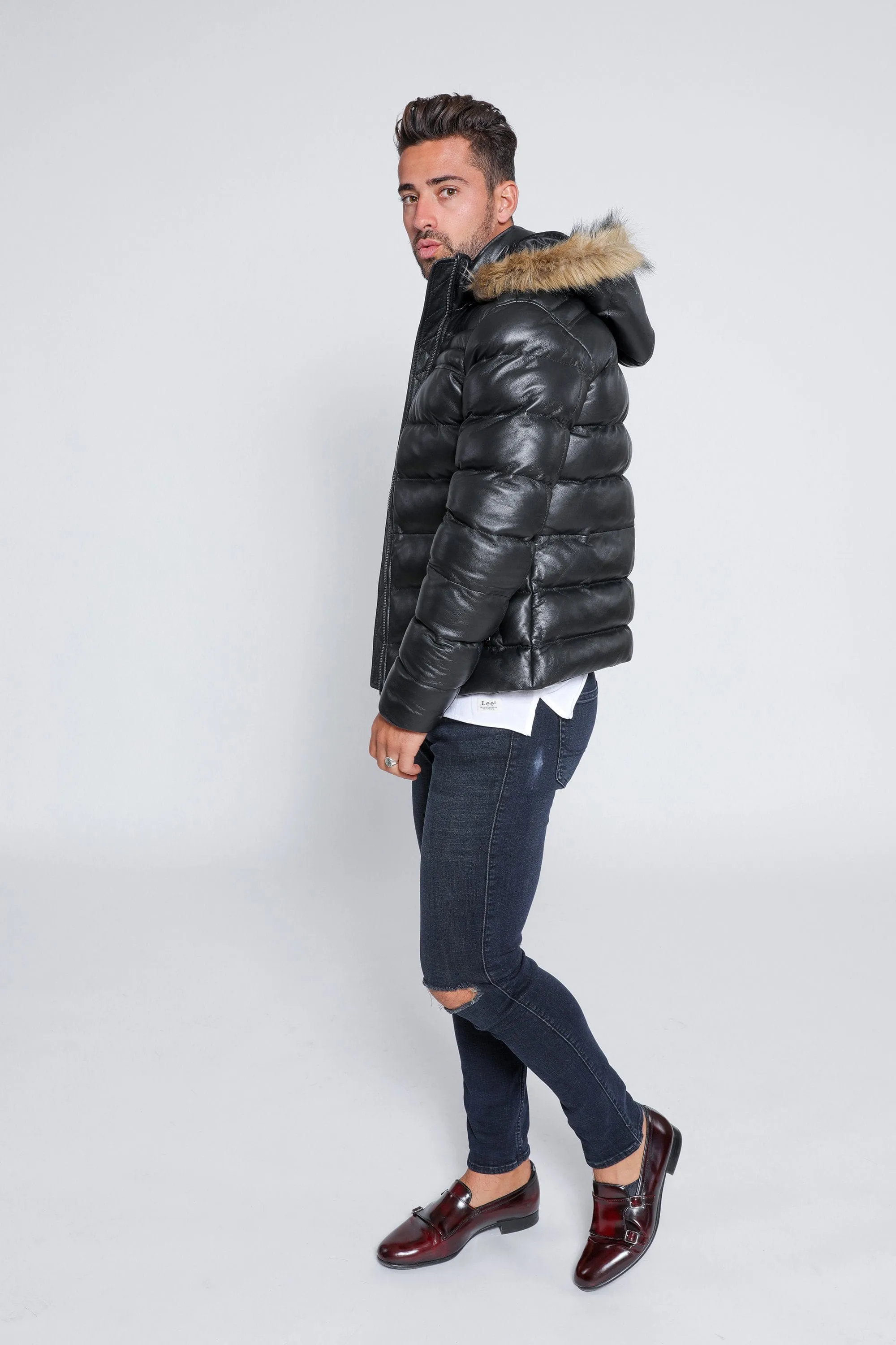 Fadcloset Men's Crimson Black Puffer Winter Down Leather Jacket with Fur