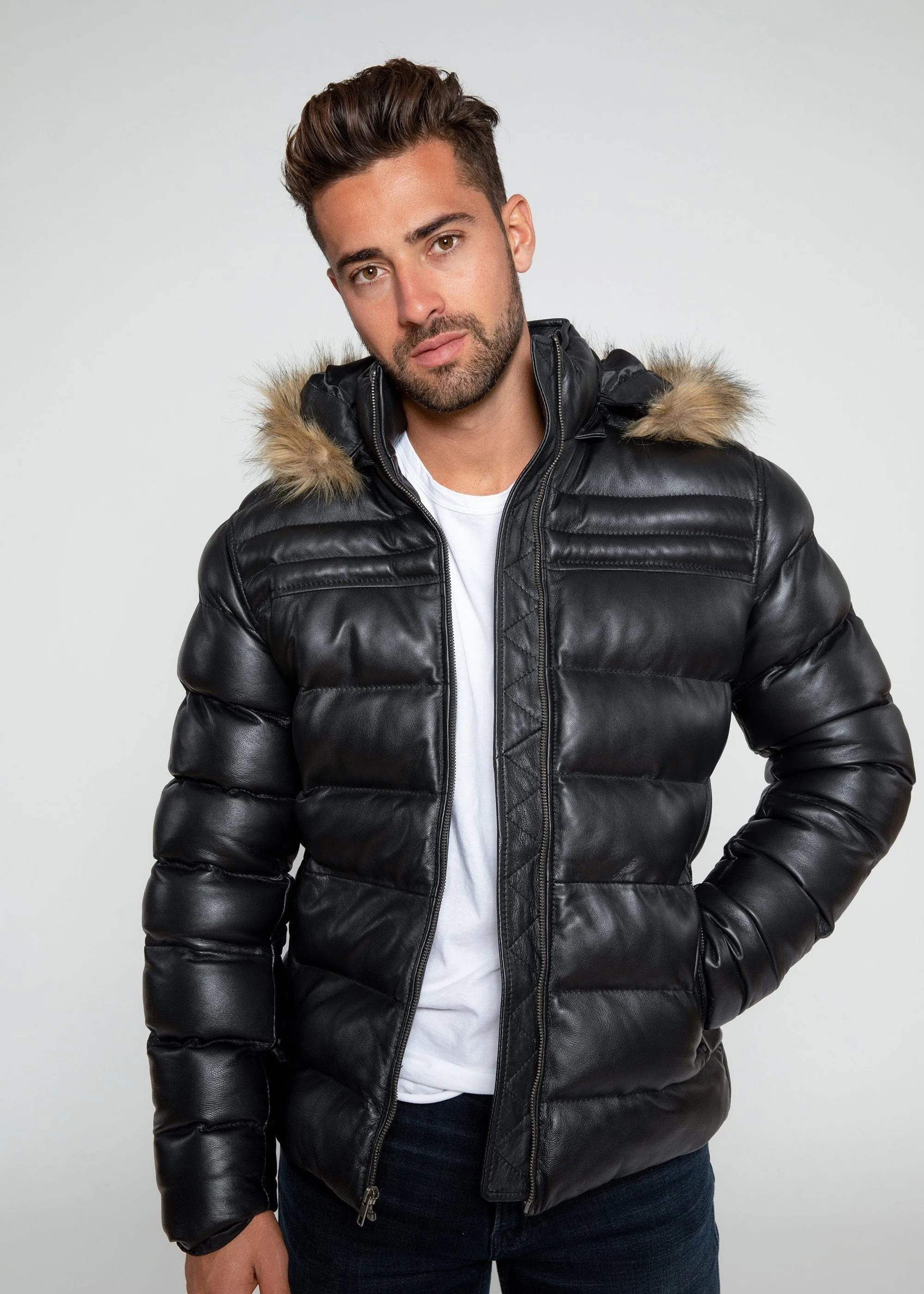 Fadcloset Men's Crimson Black Puffer Winter Down Leather Jacket with Fur
