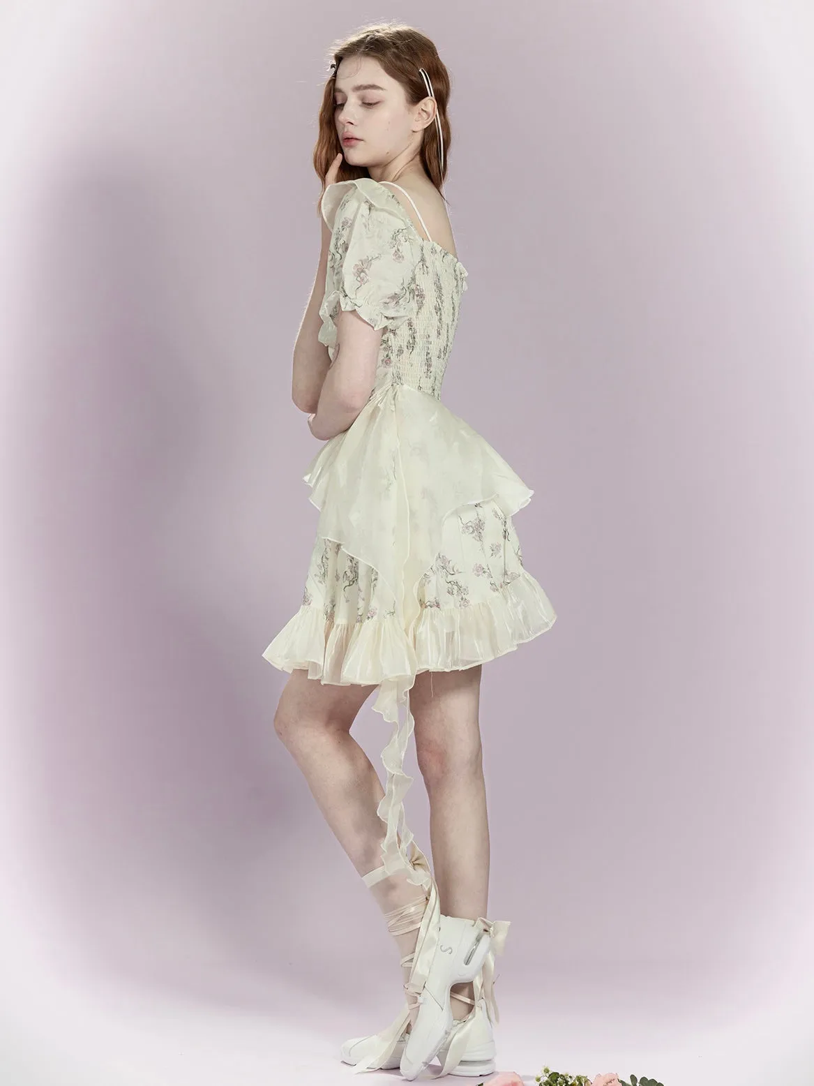 Floral Gloss Puff Sleeves Wrap Dress