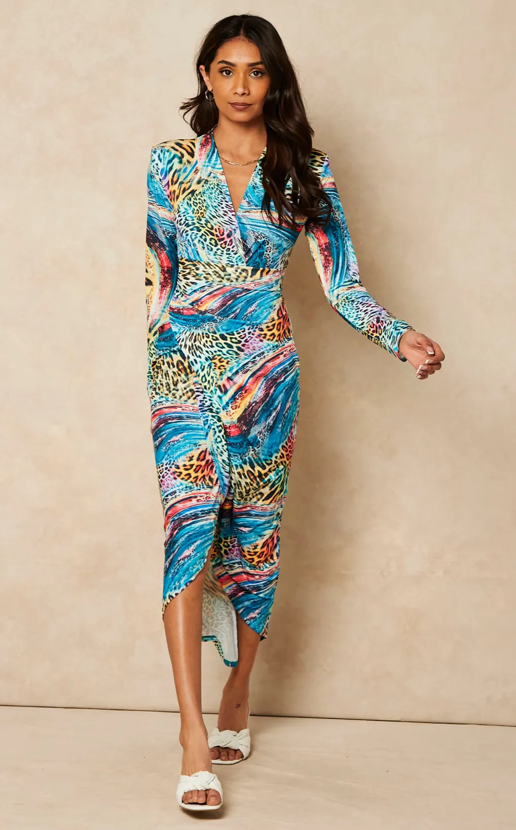 Forever Wrap Midi dress with front Slit in Dream Leo print