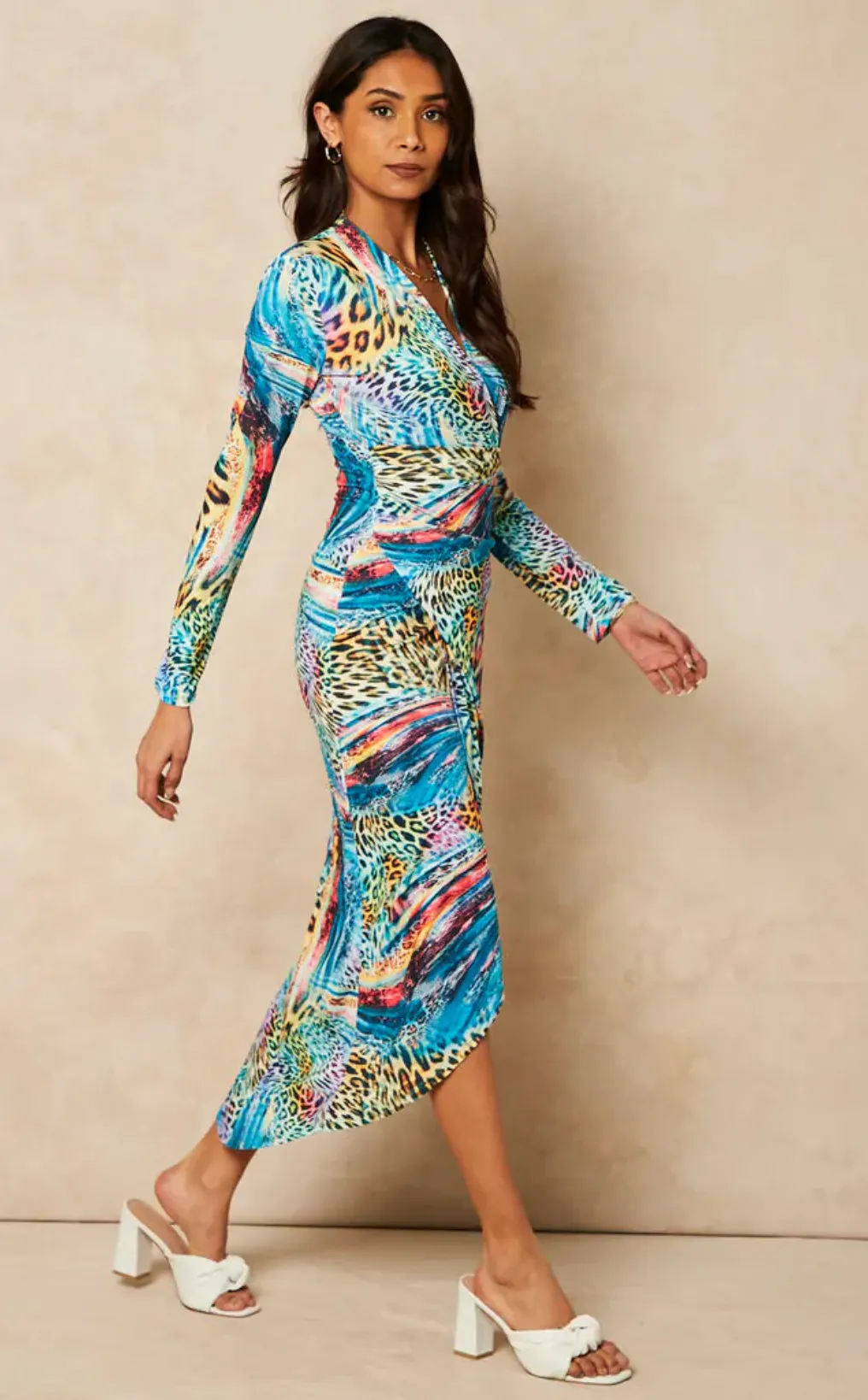 Forever Wrap Midi dress with front Slit in Dream Leo print