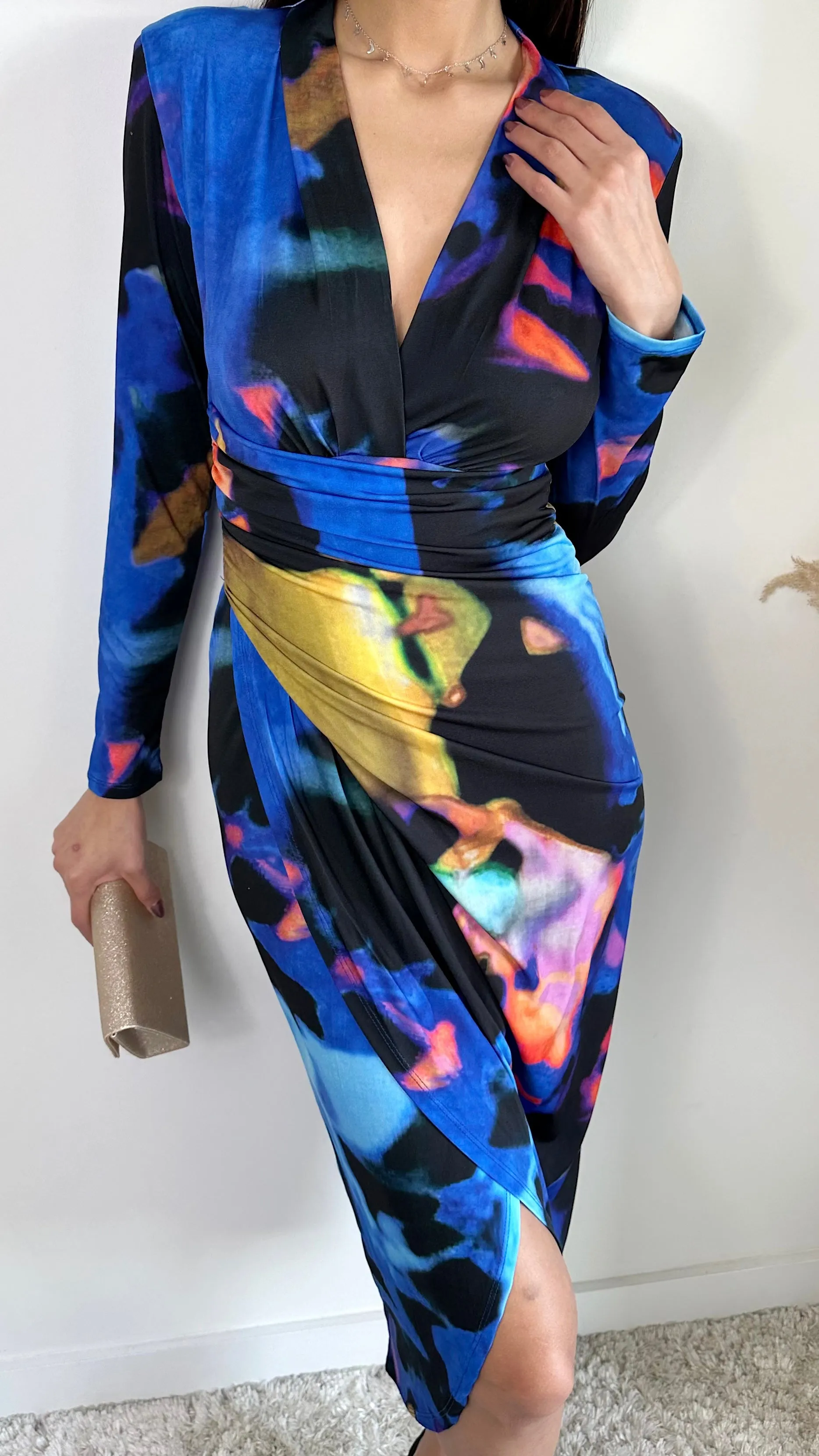 Long Sleeve Wrap Midi Dress in Blue Abstract print