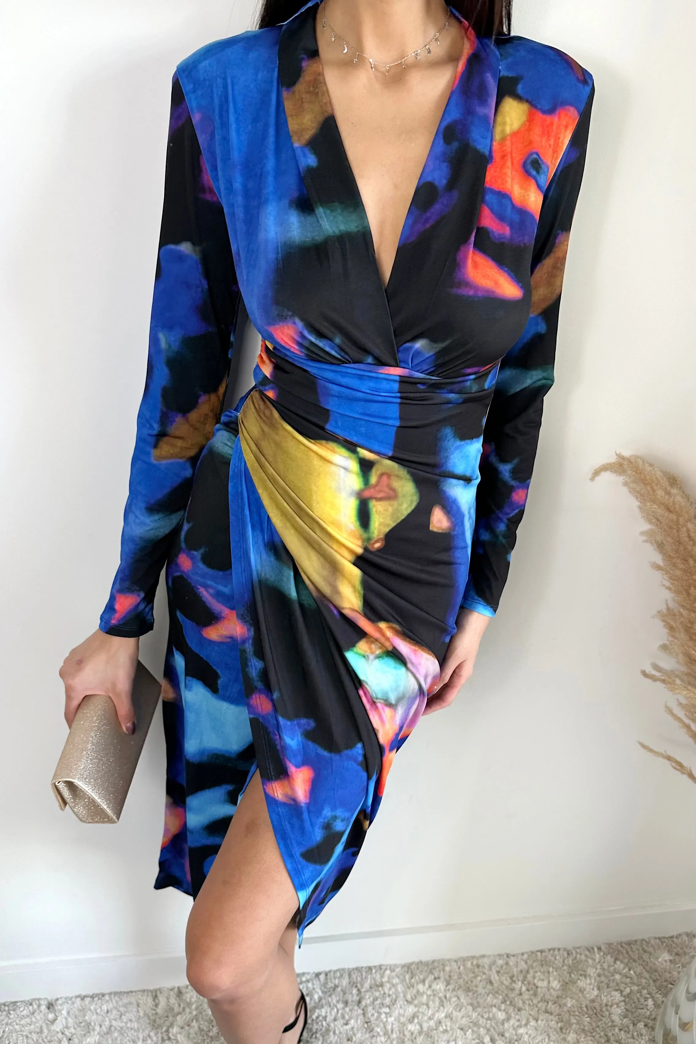 Long Sleeve Wrap Midi Dress in Blue Abstract print