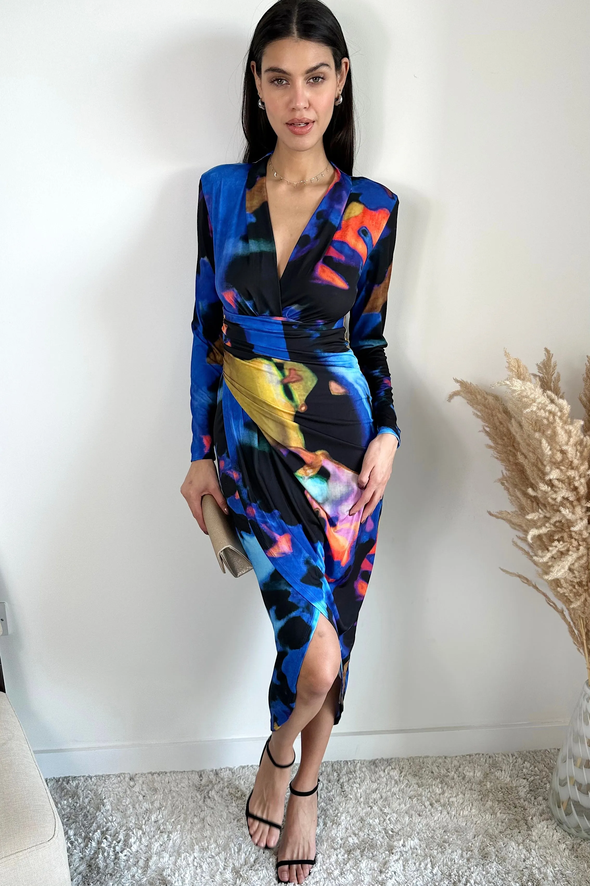 Long Sleeve Wrap Midi Dress in Blue Abstract print