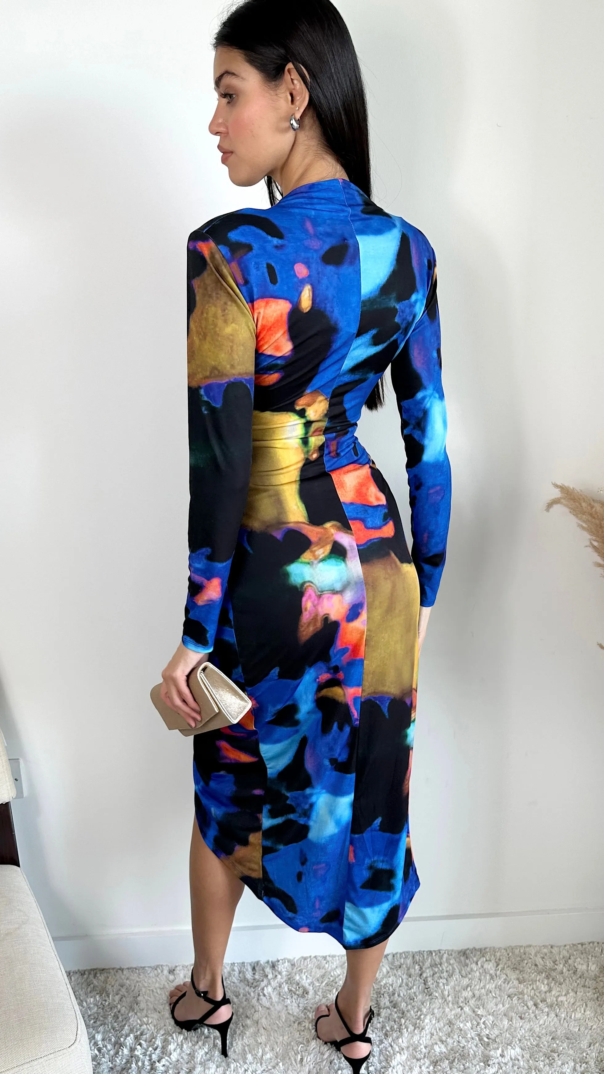 Long Sleeve Wrap Midi Dress in Blue Abstract print