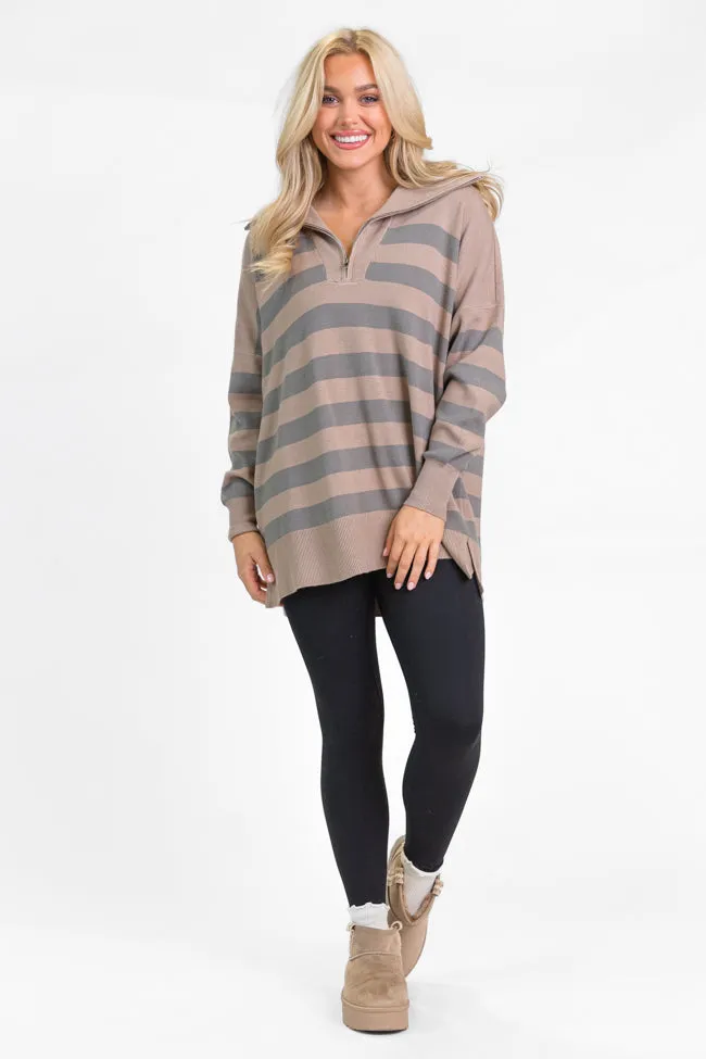 Pulling Heartstrings Taupe Striped Quarter Zip Pullover SALE
