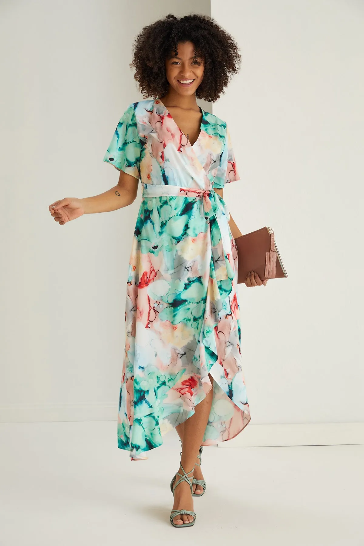Ruffle hem Wrap Midi Dress in Green Floral print