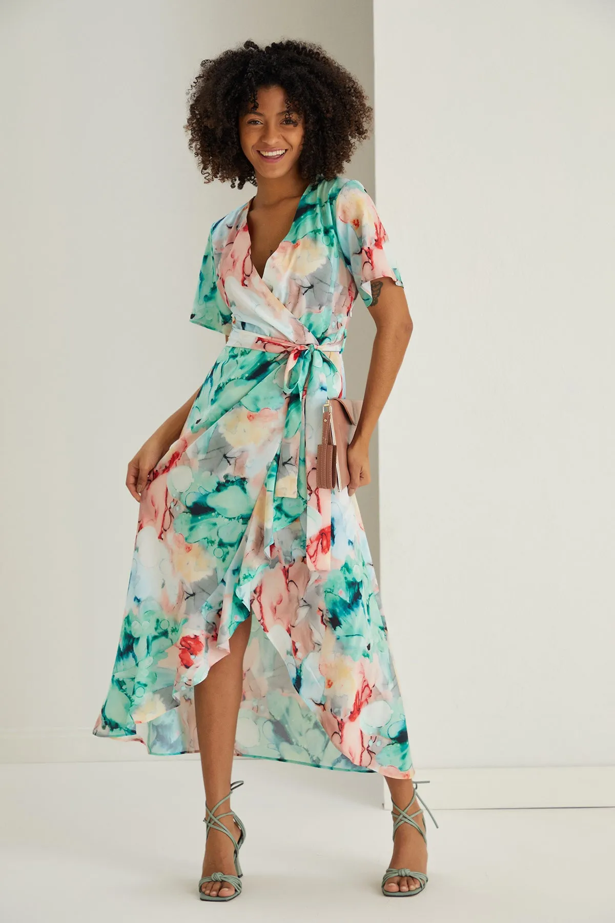 Ruffle hem Wrap Midi Dress in Green Floral print