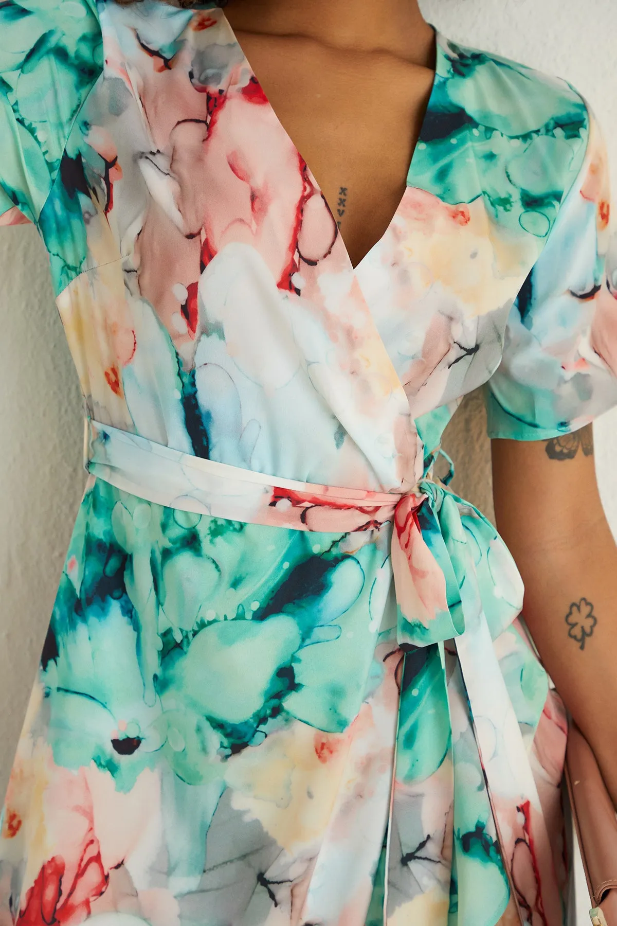 Ruffle hem Wrap Midi Dress in Green Floral print