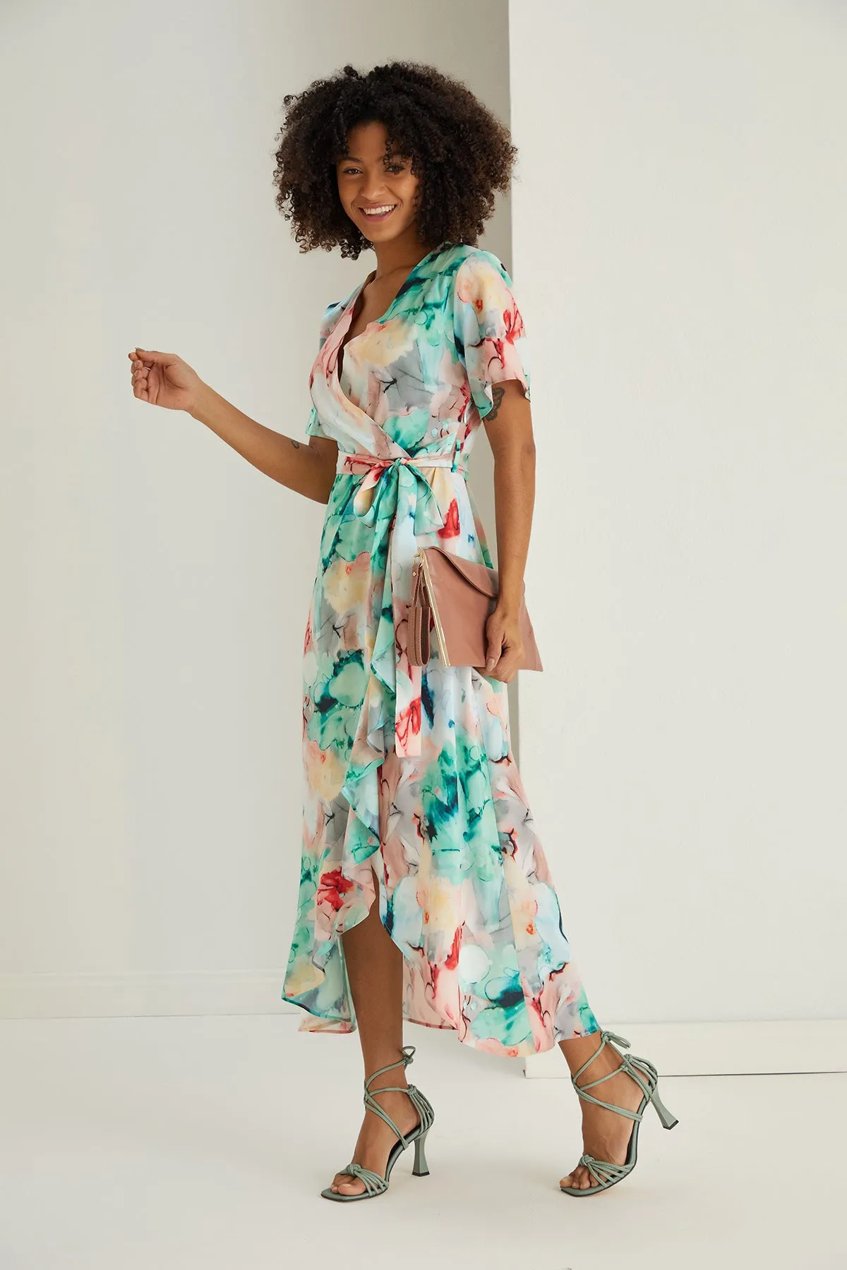 Ruffle hem Wrap Midi Dress in Green Floral print