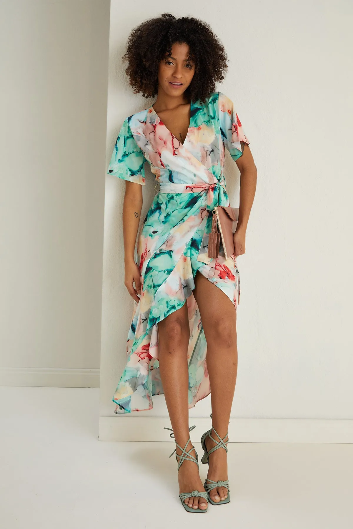 Ruffle hem Wrap Midi Dress in Green Floral print