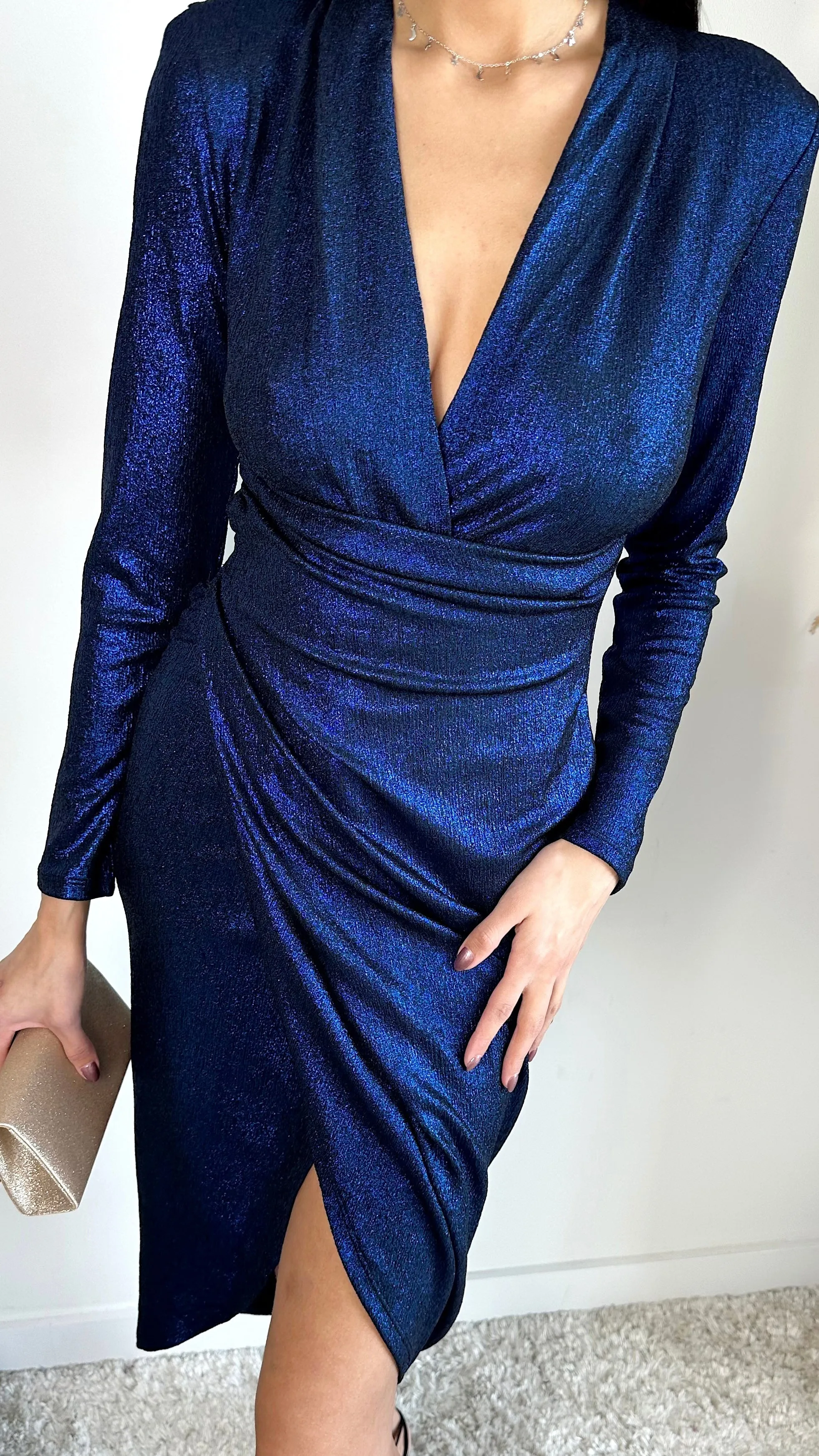 Shiny Wrap Midi dress with front Slit in Navy