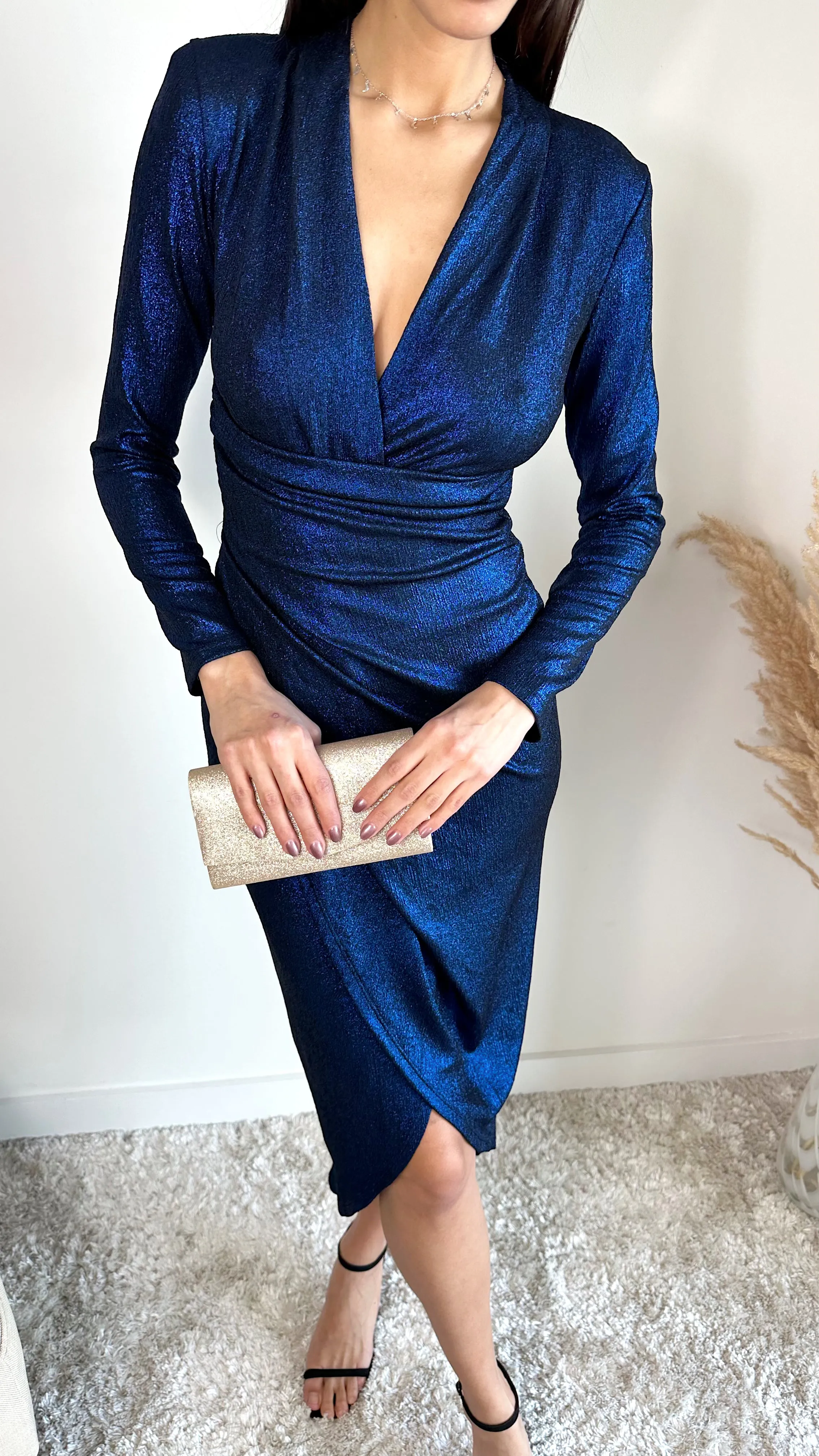 Shiny Wrap Midi dress with front Slit in Navy