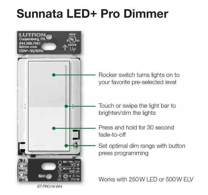 Sunnata Pro LED  Touch Dimmer Switch, for 500W ELV/MLV, 250W LED, Single Pole/Multi Location, White (ST-PRO-N-WH)